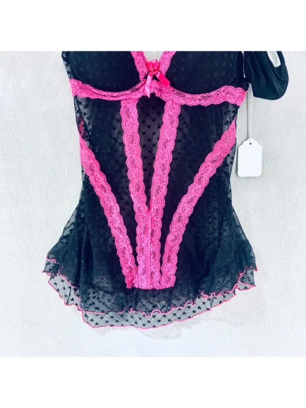 Womens Babydoll Lingerie Set Small Pink Black Lace Cut Out Front Bra Top 90s y2k
